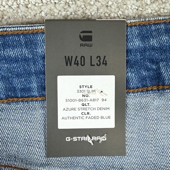 NWT G Star Raw Men's 40x34 3301 Slim Fit Button Fly Stretch Denim Blue Jeans - Picture 10 of 12